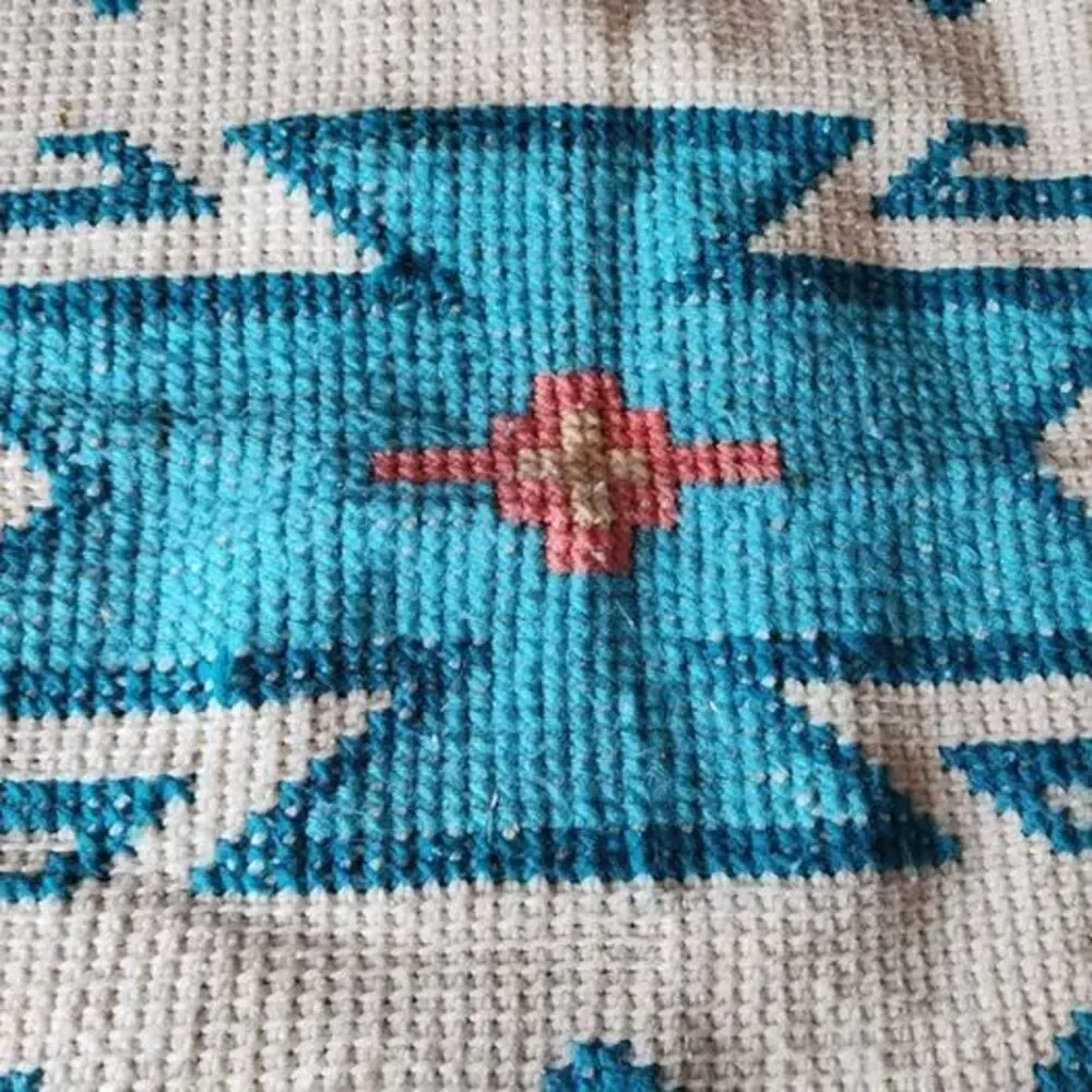Vintage Handmade Southwestern Crochet Afghan Blanket Throw – Teal & Peach (42